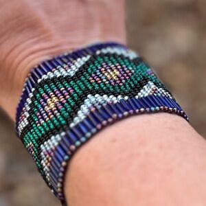 Handwoven Beaded Cuff Bracelet Blue Green Purple Boho Artisan Tribal